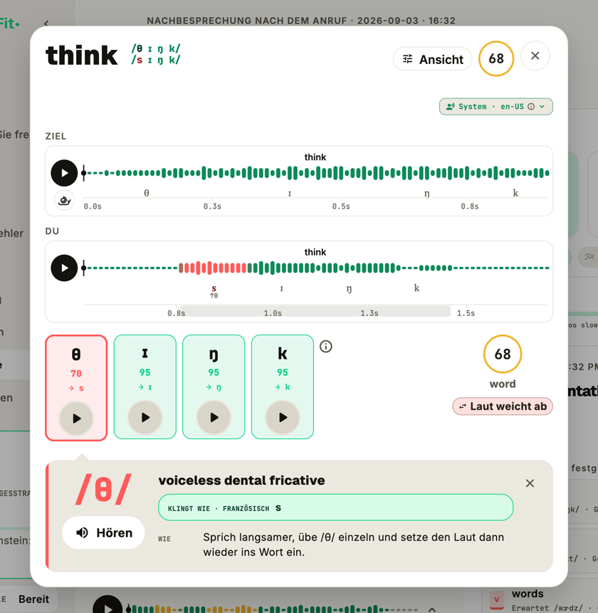PronounceFit Word Coach comparing the target sound with what you said, and how to fix it