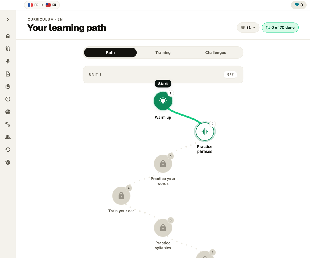 PronounceFit guided path with the next practice step ready to start