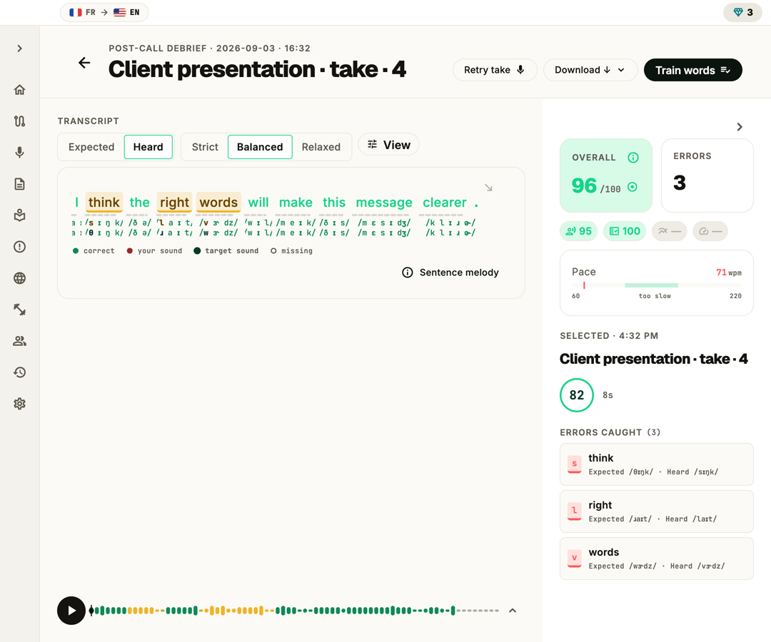 PronounceFit review screen showing a scored sentence with the sounds that slipped marked for practice