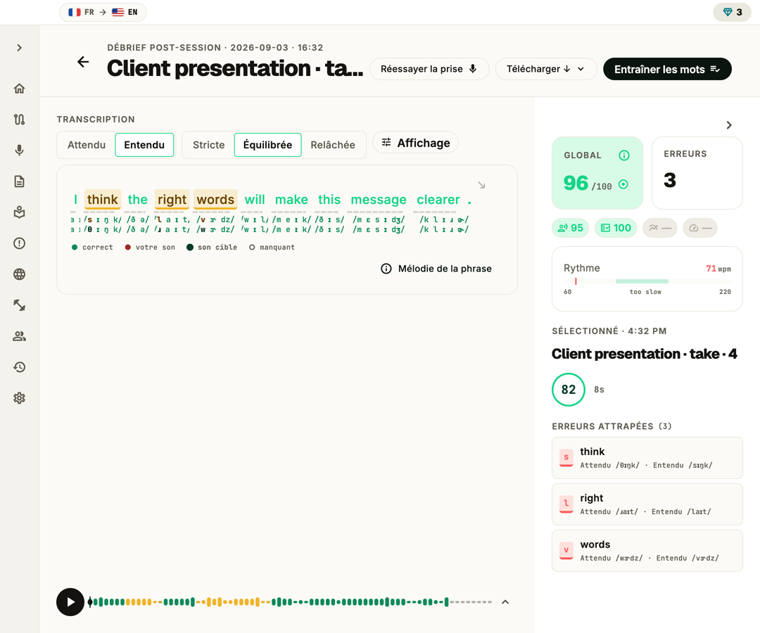 PronounceFit review screen showing a scored sentence with the sounds that slipped marked for practice