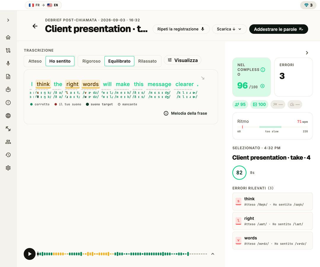 PronounceFit review screen showing a scored sentence with the sounds that slipped marked for practice