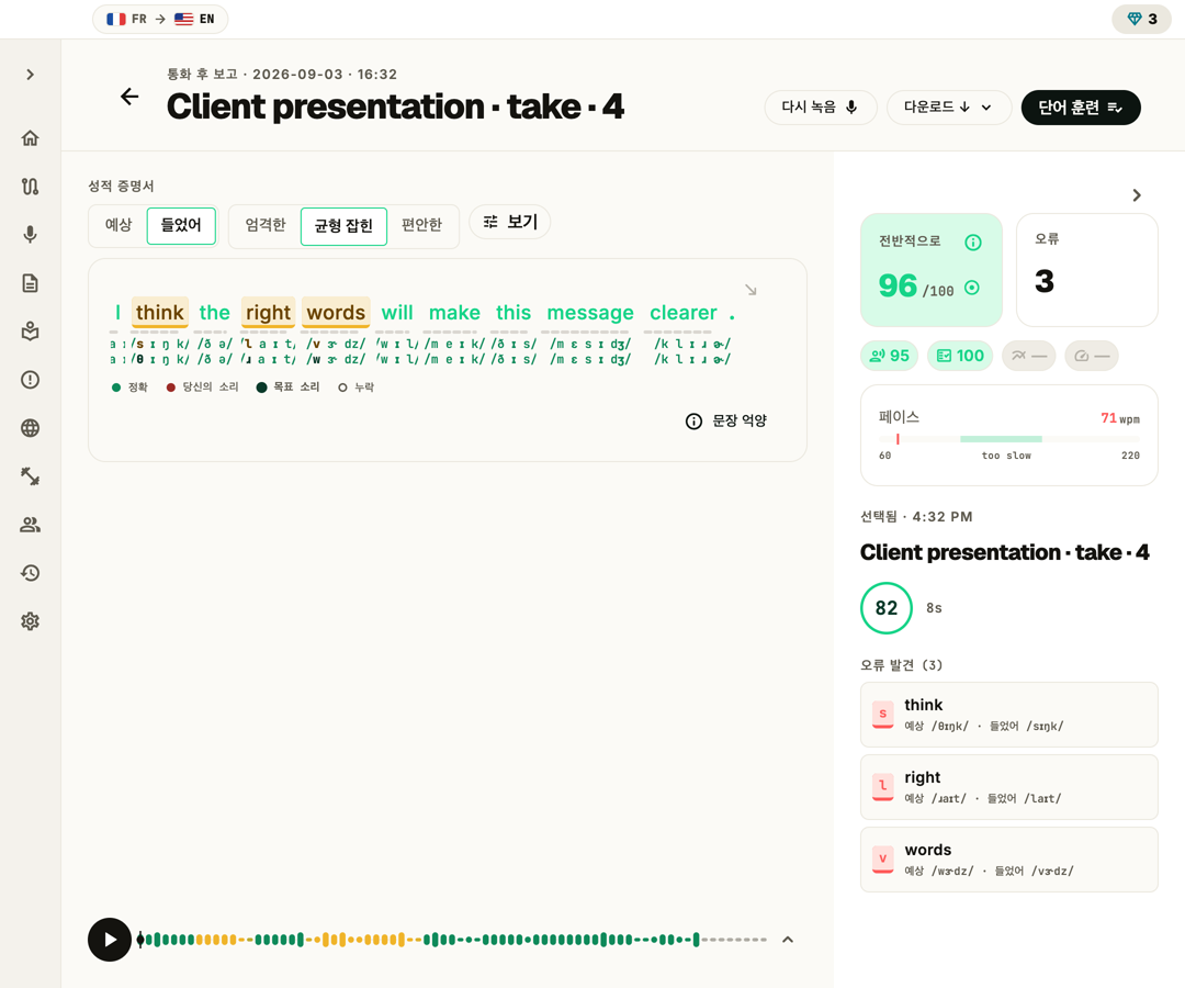 PronounceFit review screen showing a scored sentence with the sounds that slipped marked for practice