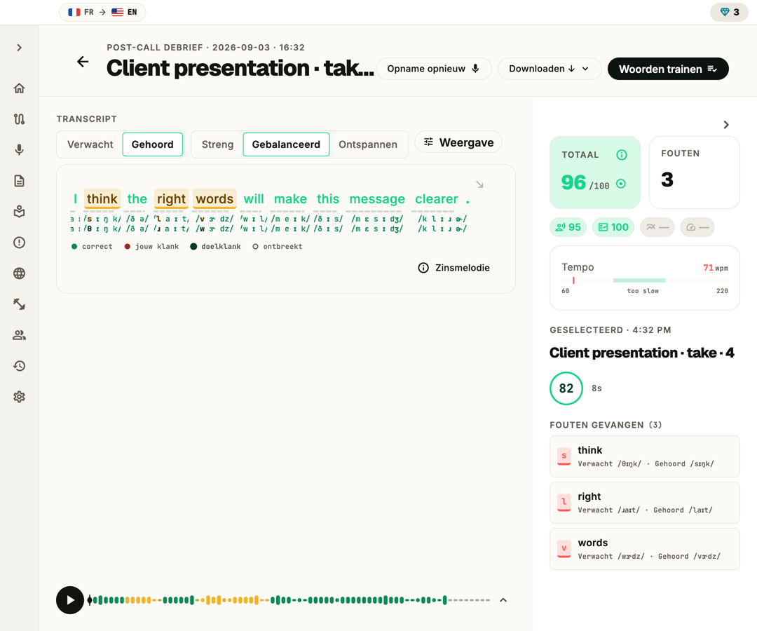 PronounceFit review screen showing a scored sentence with the sounds that slipped marked for practice