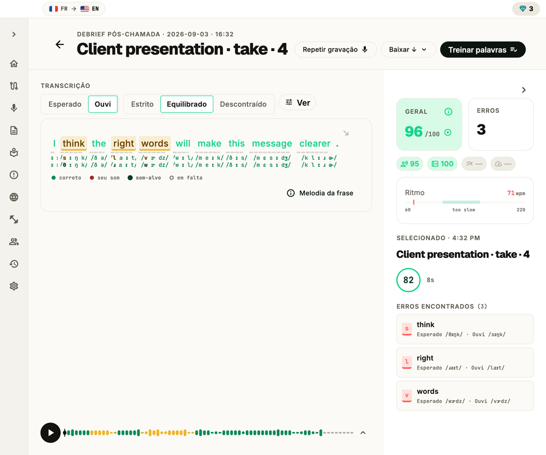 PronounceFit review screen showing a scored sentence with the sounds that slipped marked for practice