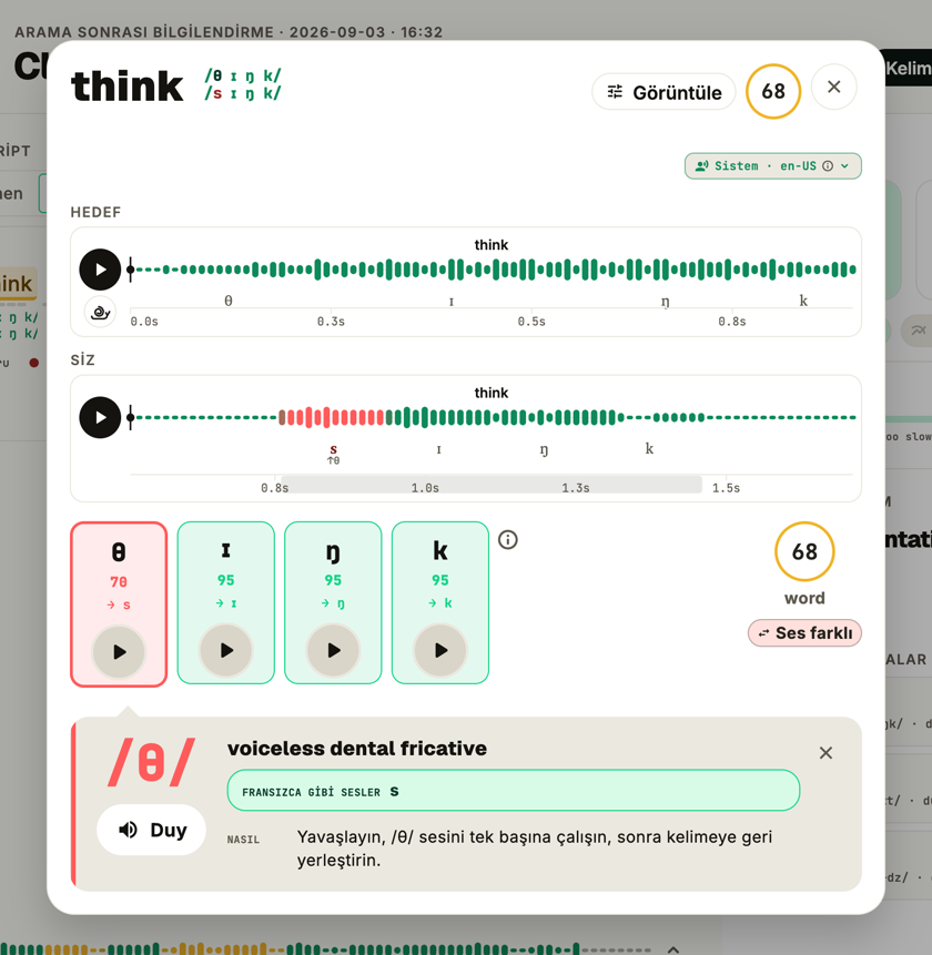 PronounceFit Word Coach comparing the target sound with what you said, and how to fix it
