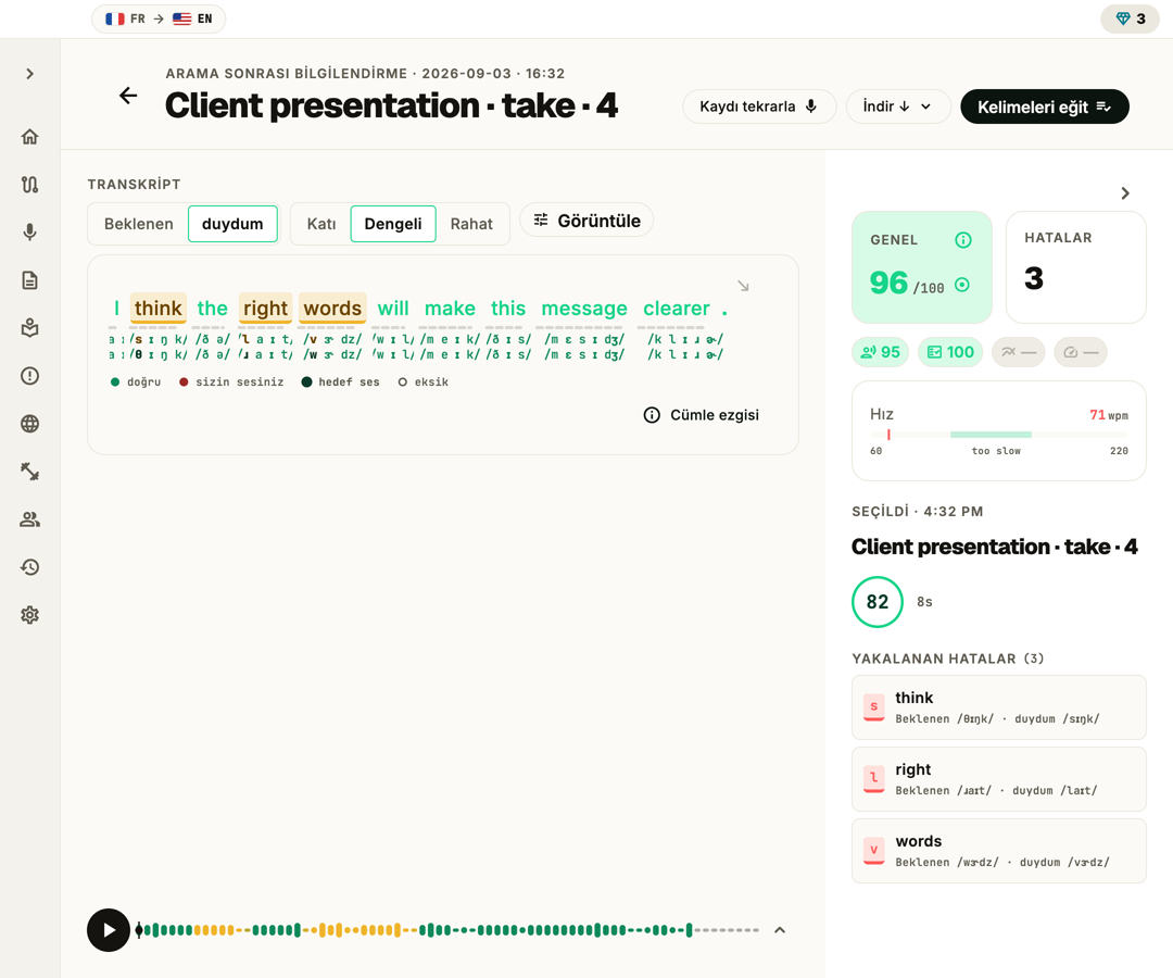 PronounceFit review screen showing a scored sentence with the sounds that slipped marked for practice